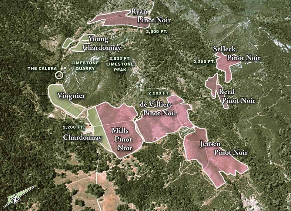カレラ（Calera Wine Company）の自社畑のマップ