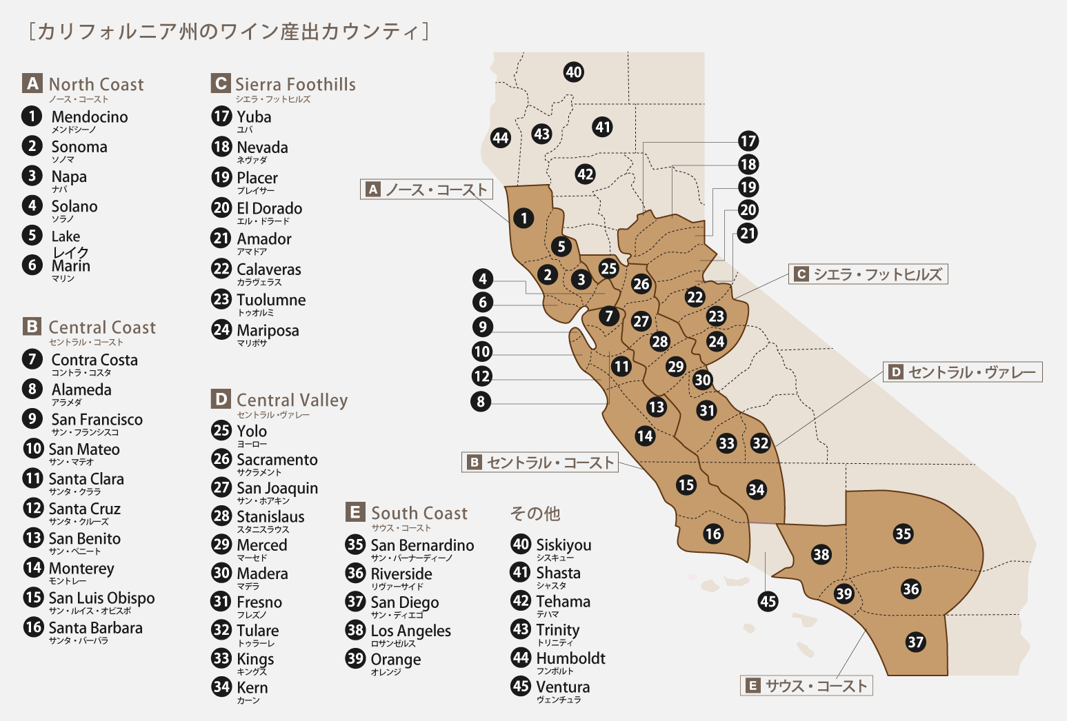 カリフォルニア州のワイン産出カウンティのマップ